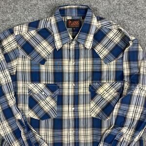 Plains Western Shirt Mens Size M Blue White Plaid Pearl Snap Long Sleeve Rodeo